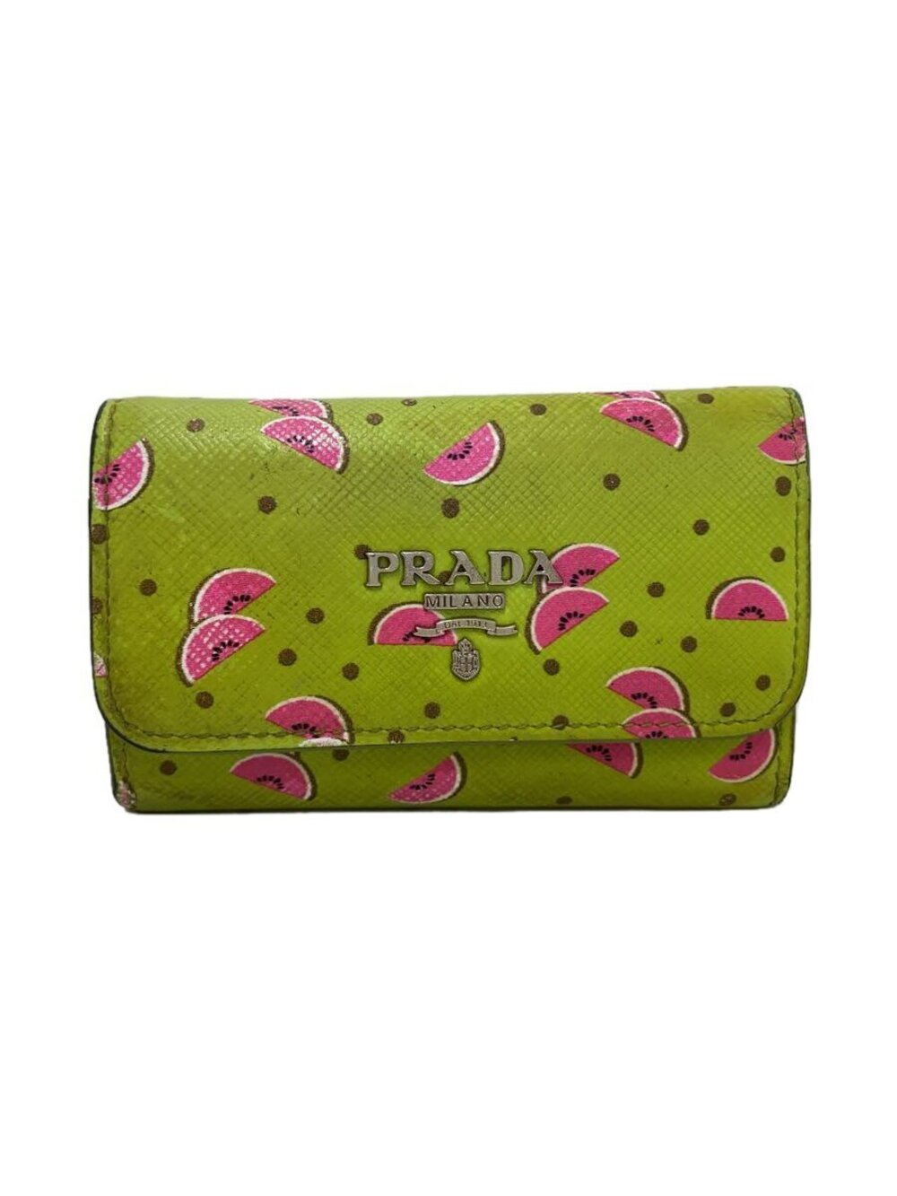 Prada Case Wallet Leather Green All over Watermelon One Hook Overall